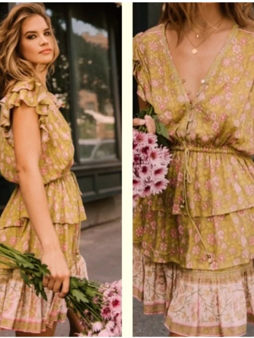 Spell & The Gypsy Dahlia Ra Ra Ruffle Floral Mini Dress Green XS - NWOT